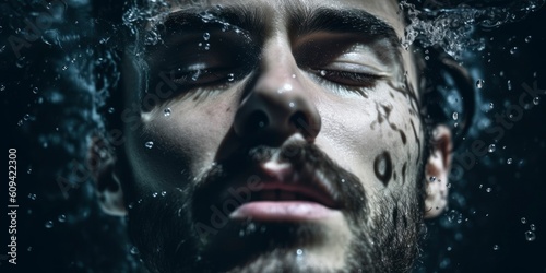 Splash on man face. Splashes of water on the handsome face of young man, close up. Beauty and care advertising
