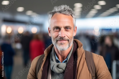 Portrait of senior man with grey hair looking at camera in airport