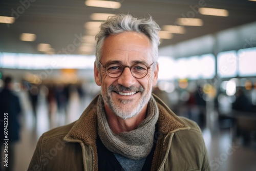 Medium shot portrait photography of a grinning man in his 50s that is wearing a chic cardigan against a bustling airport terminal with passengers and flights background . Generative AI