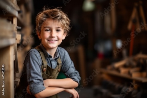 Portrait of a smiling little boy in a woodworking workshop.
