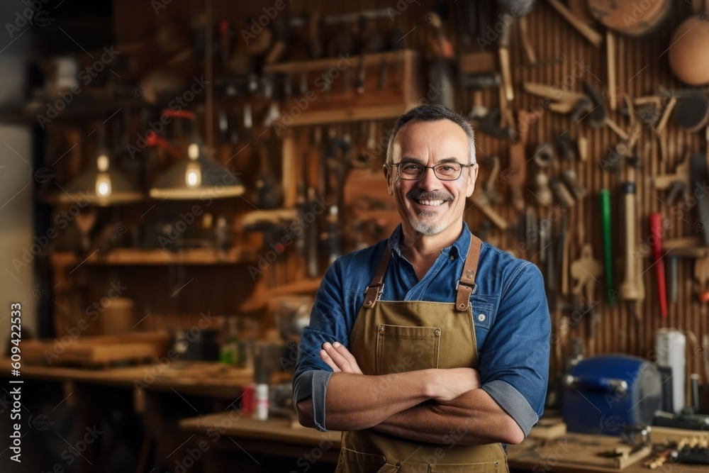 Portrait of smiling mature craftsman standing with arms crossed in workshop Portrait of smiling mature craftsman standing with arms crossed in workshop