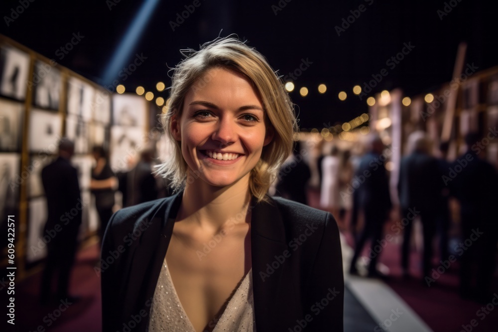 Fototapeta premium Medium shot portrait photography of a grinning woman in her 30s that is wearing a classic blazer against a charity gala event with auction and celebrities background . Generative AI