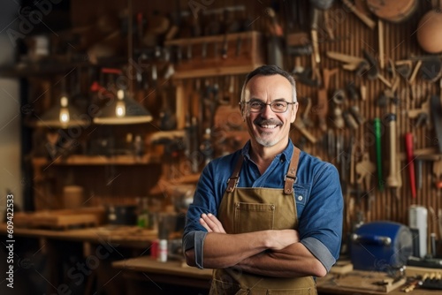 Portrait of smiling mature craftsman standing with arms crossed in workshop