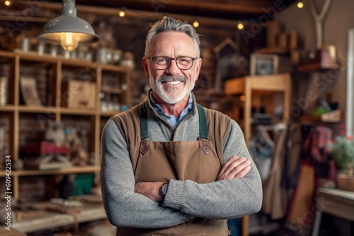 Portrait of smiling senior craftsman with arms crossed in his workshop
