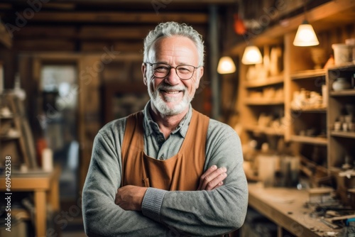 Medium shot portrait photography of a satisfied man in his 60s that is wearing a chic cardigan against a woodworking or crafting studio background . Generative AI