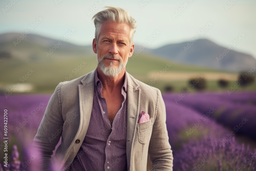 Medium shot portrait photography of a satisfied man in his 50s that is wearing a chic cardigan against a picturesque lavender field in bloom background . Generative AI