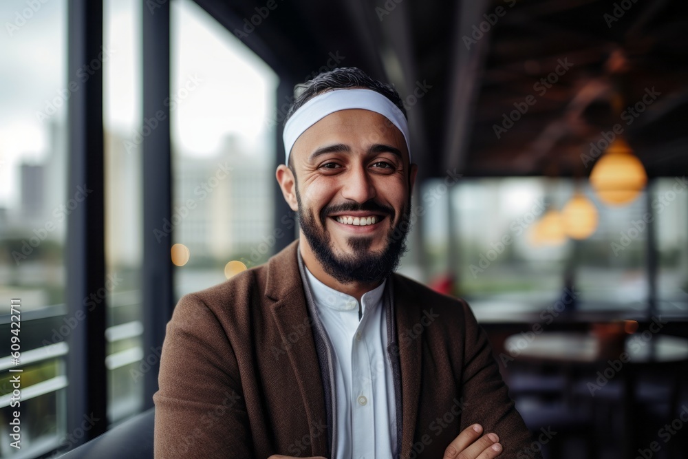 Portrait of handsome bearded arabian man looking at camera and smiling while sitting in cafe Portrait of handsome bearded arabian man looking at camera and smiling while sitting in cafe