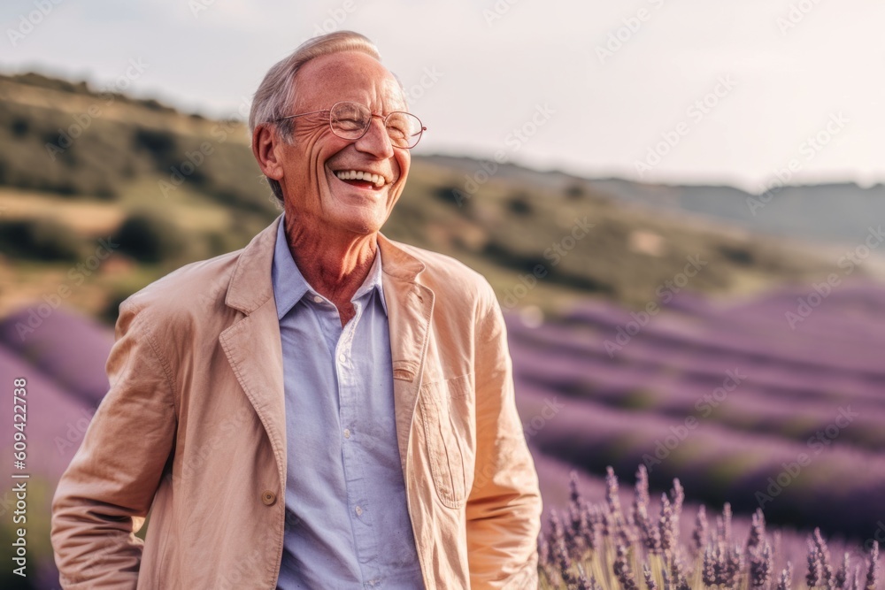 Medium shot portrait photography of a grinning man in his 70s that is wearing a chic cardigan against a picturesque lavender field in bloom background . Generative AI