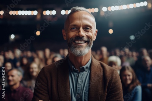 Portrait of a smiling mature man standing in front of a large audience