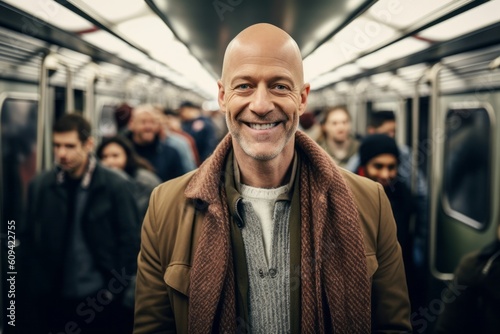 Portrait of a smiling mature man standing in a subway car.