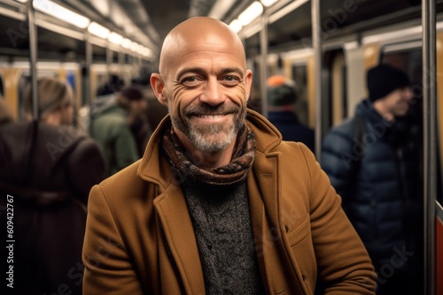 Portrait of a happy senior man in a subway car, smiling and looking at the camera