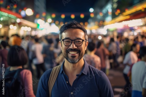 Handsome asian man wearing glasses in the city at night. © Hanne Bauer
