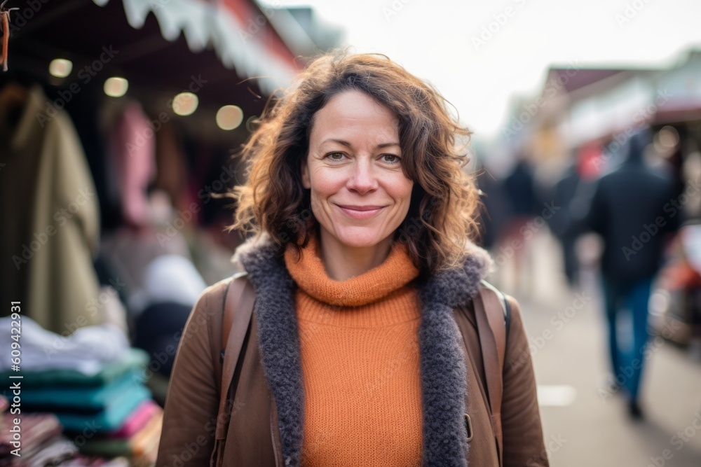 Portrait of a smiling middle-aged woman in an outdoor market