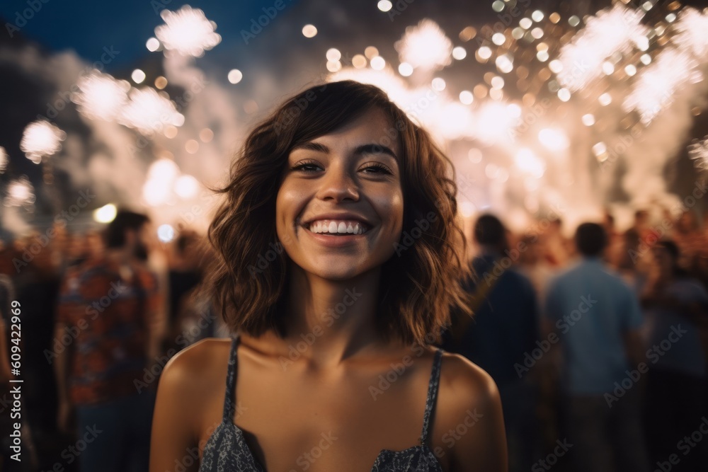 Happy young woman at a music festival with fireworks in the background. Happy young woman at a music festival with fireworks in the background.