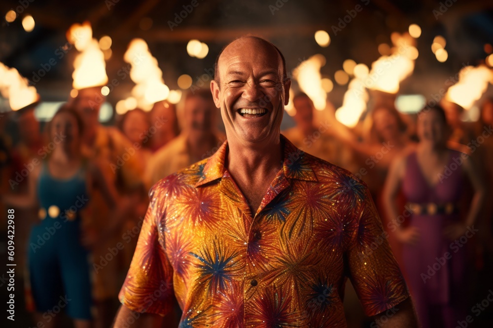 Medium shot portrait photography of a pleased man in his 50s that is wearing a trendy jumpsuit against a scenic hawaiian luau with performers and fire dancers background . Generative AI - obrazy, fototapety, plakaty 