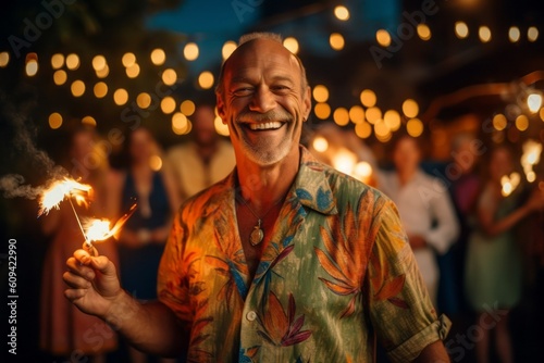 Medium shot portrait photography of a cheerful man in his 40s that is wearing a chic cardigan against a scenic hawaiian luau with performers and fire dancers background . Generative AI photo