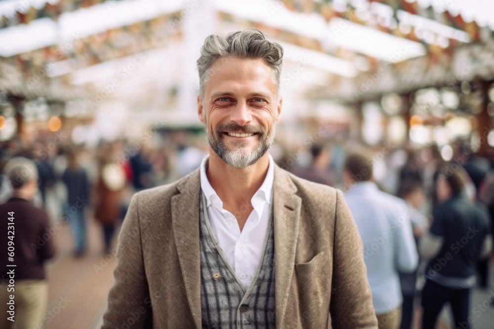 Portrait of a handsome middle-aged man smiling at the camera while walking in a market