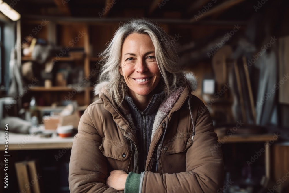 Portrait of mature woman standing with arms crossed in carpenter workshop Portrait of mature woman standing with arms crossed in carpenter workshop
