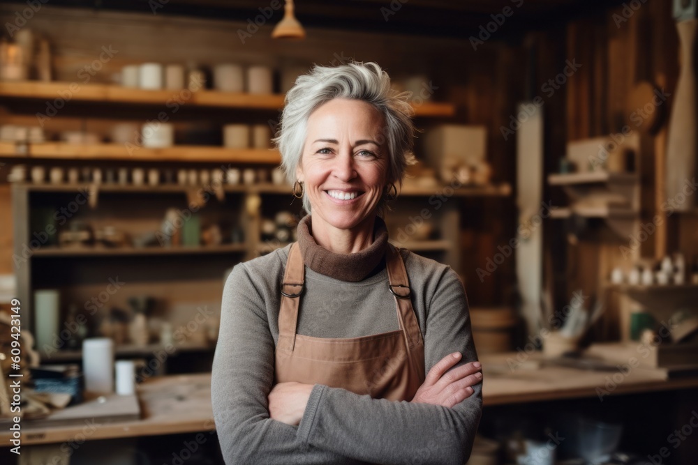 Portrait of smiling mature woman with arms crossed in pottery workshop ...