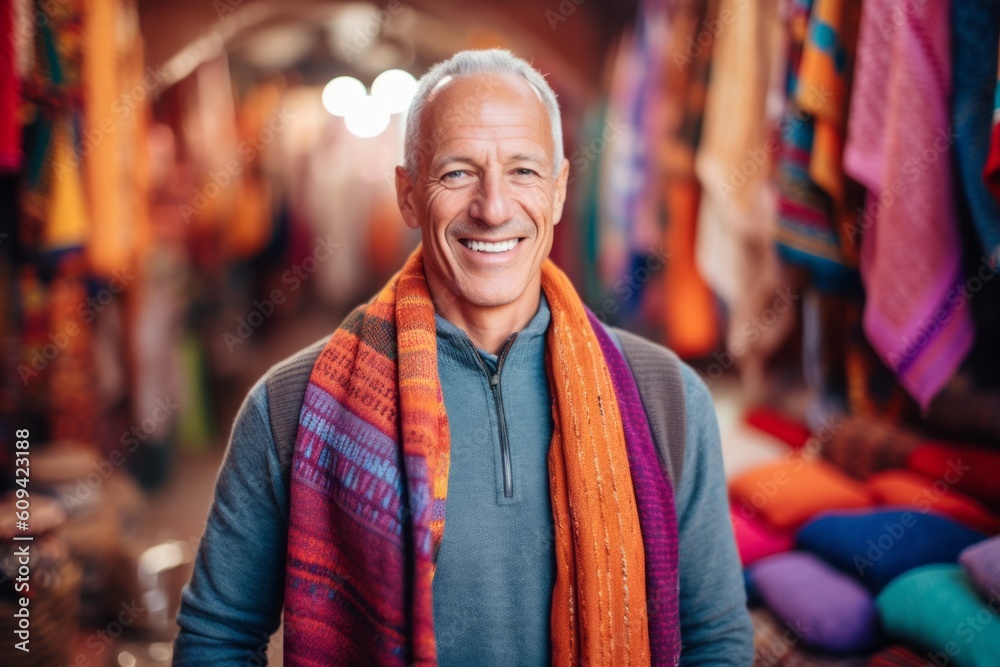 Portrait of a smiling senior man with a colorful scarf in a market