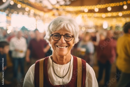 Mature woman with eyeglasses smiling at camera at Christmas market