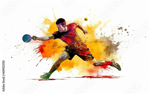 Watercolor abstract illustration of Table Tennis Ping Pong. The athlete in action during colorful paint splash, isolated on white background. AI generated.