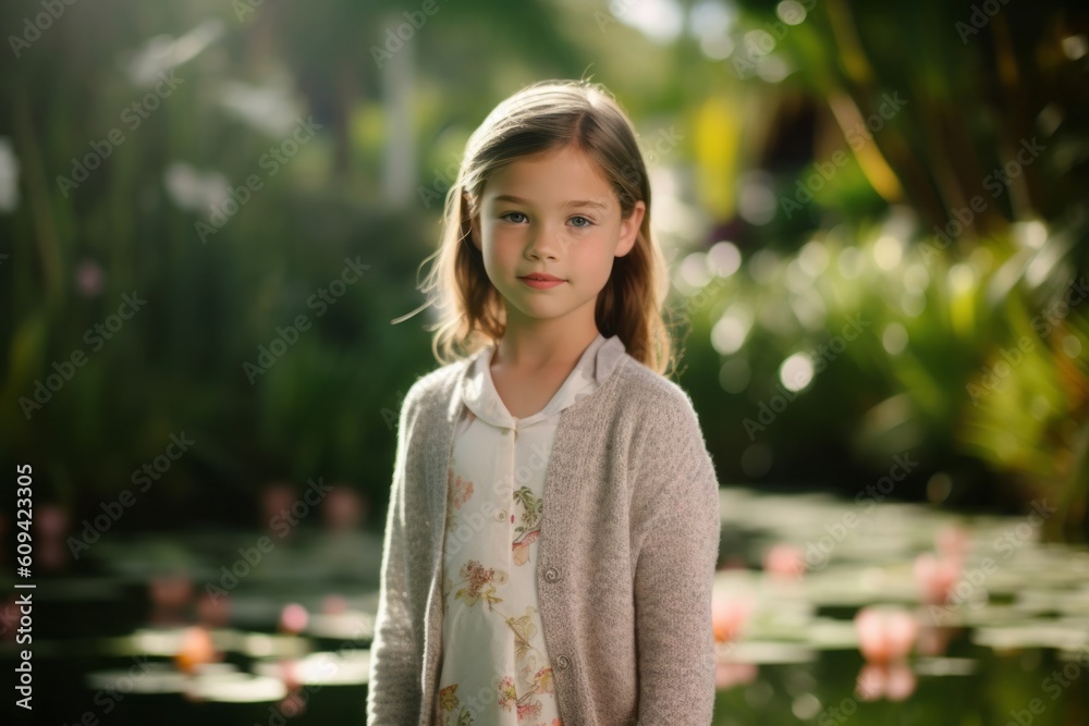 Fototapeta premium Portrait of a cute little girl in a park with water lilies