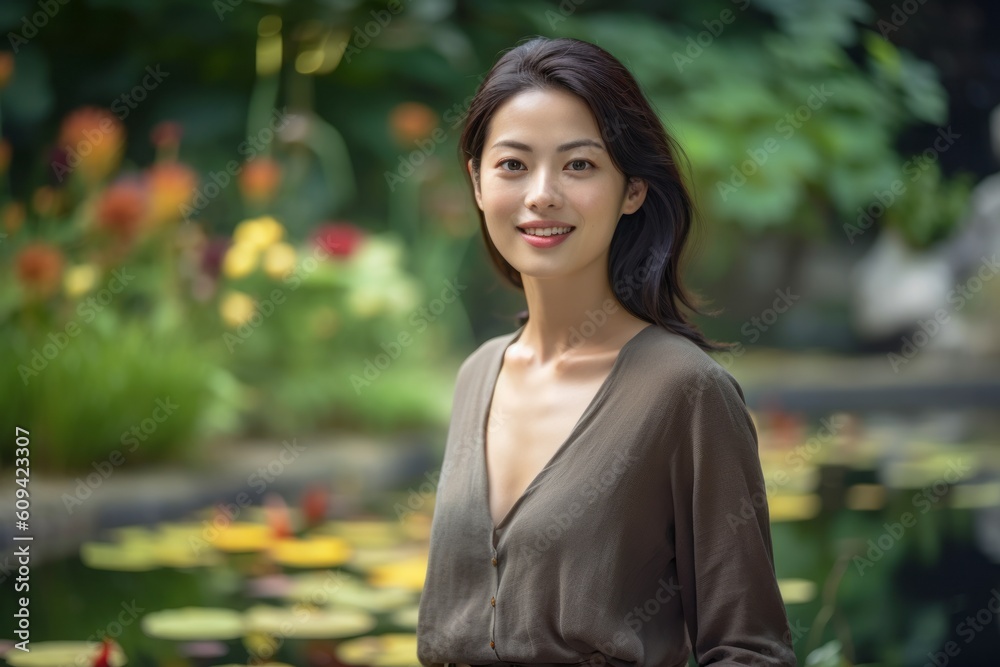 Portrait of a beautiful Asian woman standing in the garden and smiling Portrait of a beautiful Asian woman standing in the garden and smiling