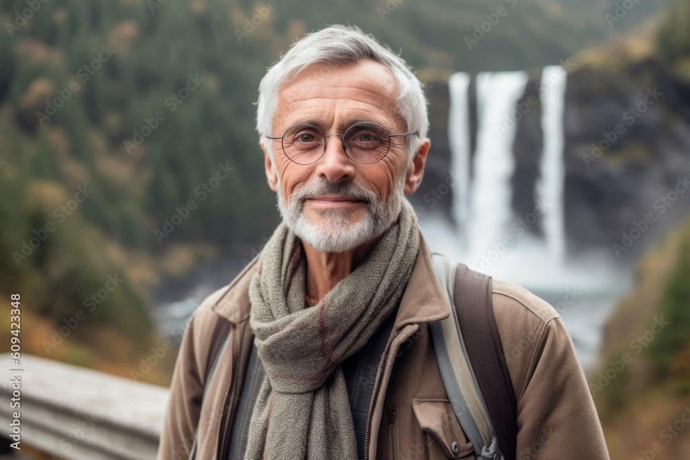 Portrait of a senior man with a backpack on the background of a waterfall