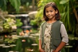 Medium shot portrait photography of a satisfied child female that is wearing a chic cardigan against a tranquil koi pond with fish and water lilies background . Generative AI