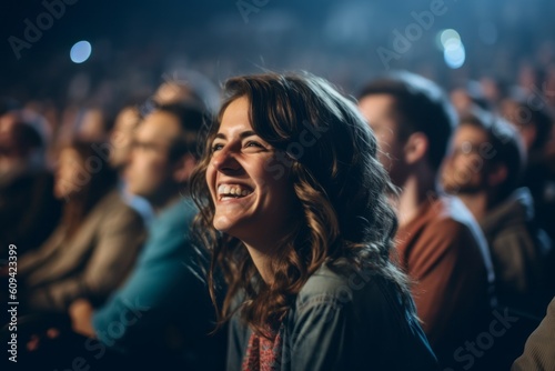 Close-up portrait photography of a pleased woman in her 40s that is wearing a chic cardigan against a crowded concert hall during a live performance background . Generative AI