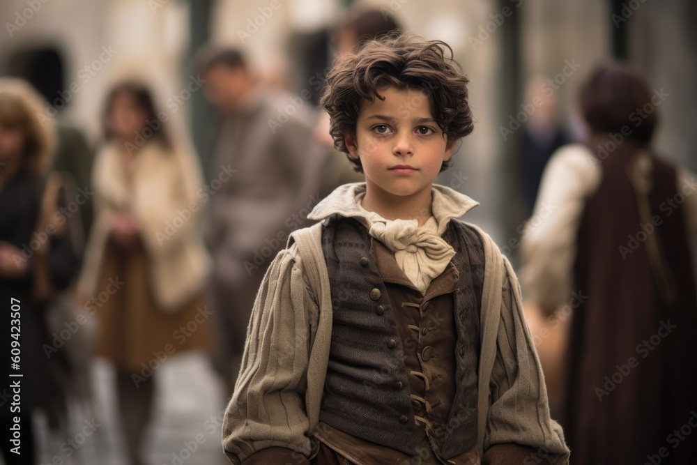Portrait of a boy with curly hair, wearing a coat, posing on the street. Portrait of a boy with curly hair, wearing a coat, posing on the street.