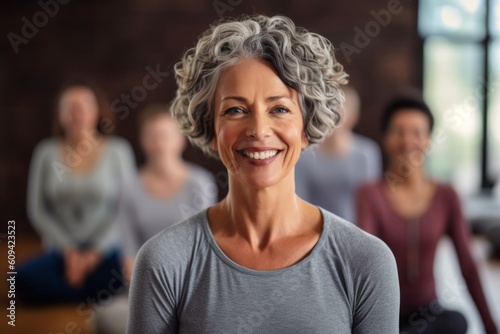 Portrait of smiling senior woman with people in background at yoga studio