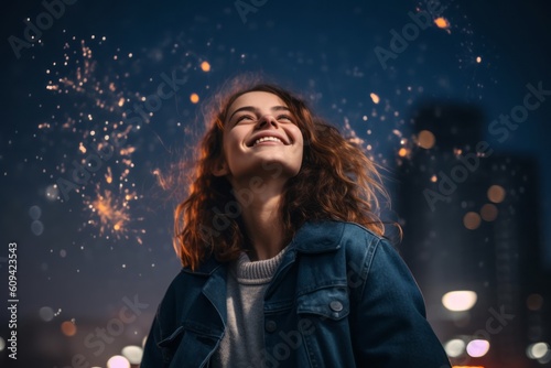 Portrait of happy young woman with fireworks on background of night city