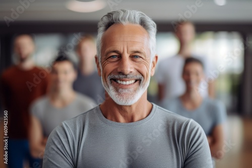 Portrait of smiling senior man with group of people in background at fitness studio