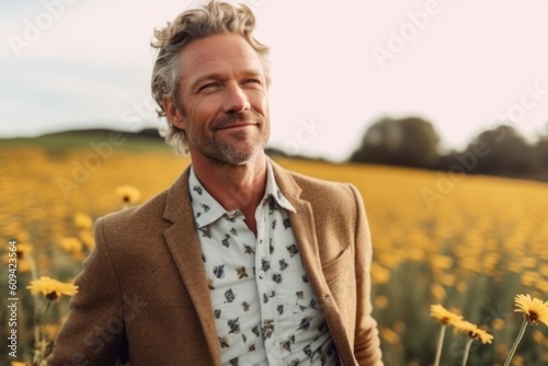 Medium shot portrait photography of a pleased man in his 40s that is wearing a chic cardigan against a picturesque sunflower field with bees and butterflies background . Generative AI