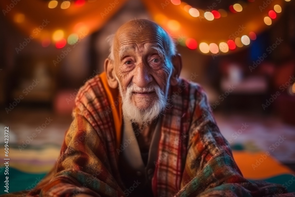 Portrait of an elderly man sitting on the floor at home.