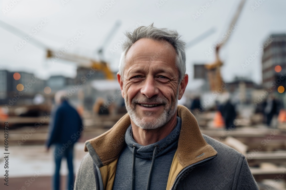 Portrait of smiling senior man standing on construction site with cranes in background