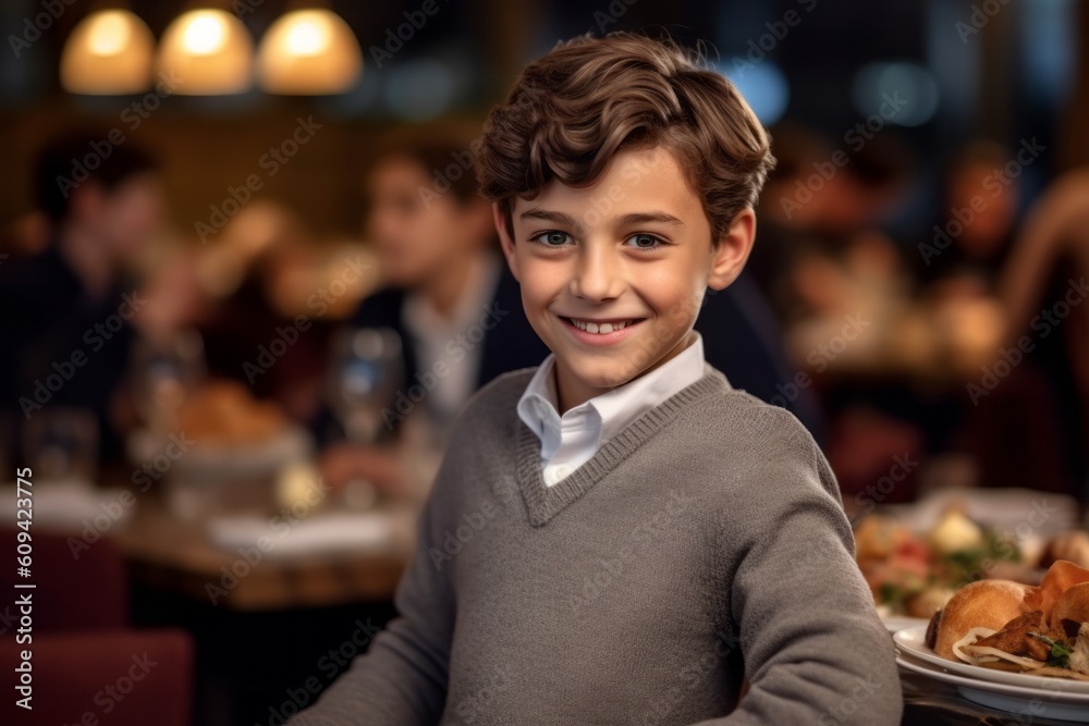 Medium shot portrait photography of a grinning child male that is wearing a chic cardigan against a beautifully plated gourmet meal being served background . Generative AI