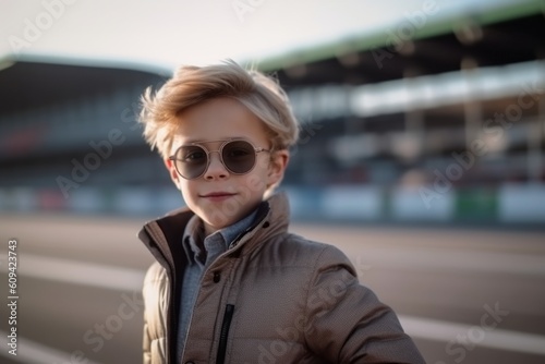 Portrait of a boy with blond hair in sunglasses on a city street © Anne-Marie Albrecht