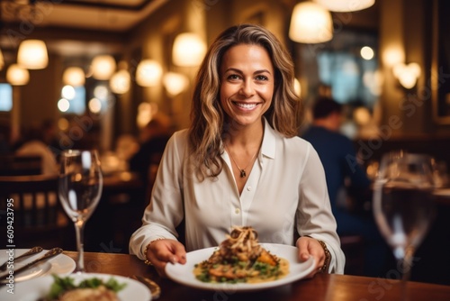 Portrait of beautiful woman holding plate with pasta and smiling in restaurant