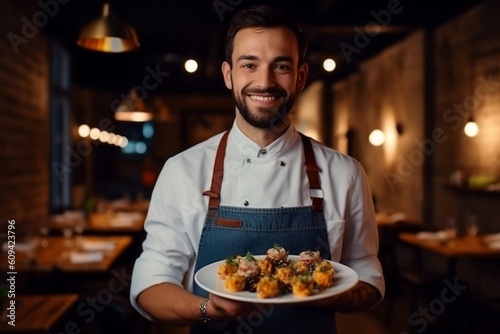 Portrait of a smiling waiter holding a plate with sushi in a restaurant