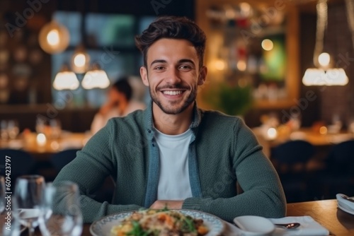 Portrait of a handsome young man sitting in a restaurant and smiling