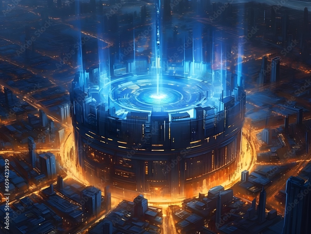 Illustration of HighTech Digital Fortress, Securely Enveloped by