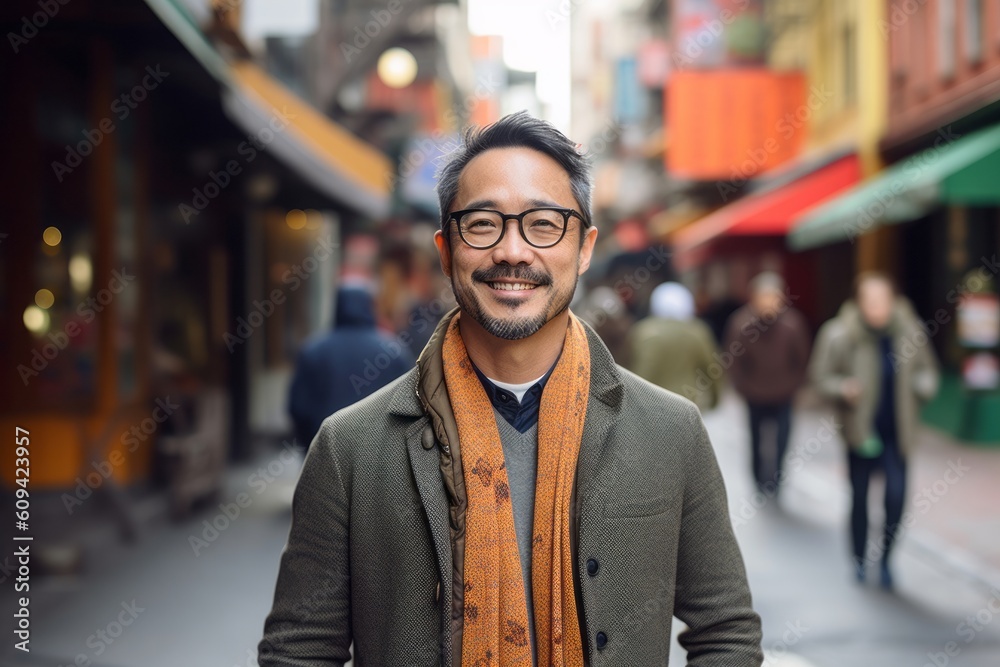 Handsome Indian man walking in Chinatown in New York City.