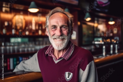 Portrait of smiling senior man standing at bar counter in a pub