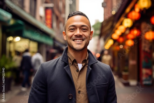 Medium shot portrait photography of a pleased man in his 30s that is wearing a chic cardigan against a bustling chinatown with colorful shops and restaurants background . Generative AI photo