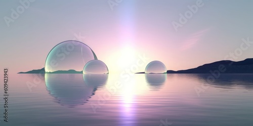 3d render, abstract minimalist panoramic background. Fantastic scenery wallpaper. Round mirrors with lens flare, calm water and pastel gradient sky, Generative AI
