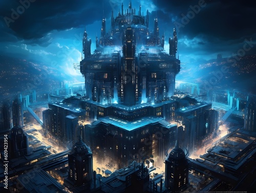 Illustration of High-Tech Digital Fortress, Securely Enveloped by Glowing Firewalls, Shields in Floating Cyberspace, Invincible Armor of Data Protection, Generative AI, Generative, KI