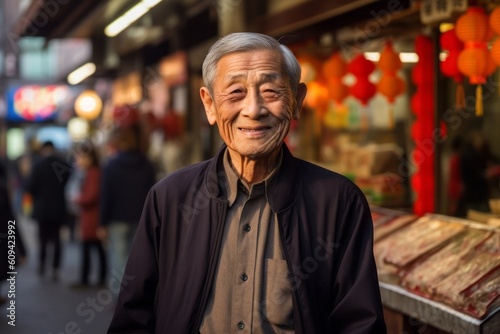Portrait of a senior Japanese man in the street at night.